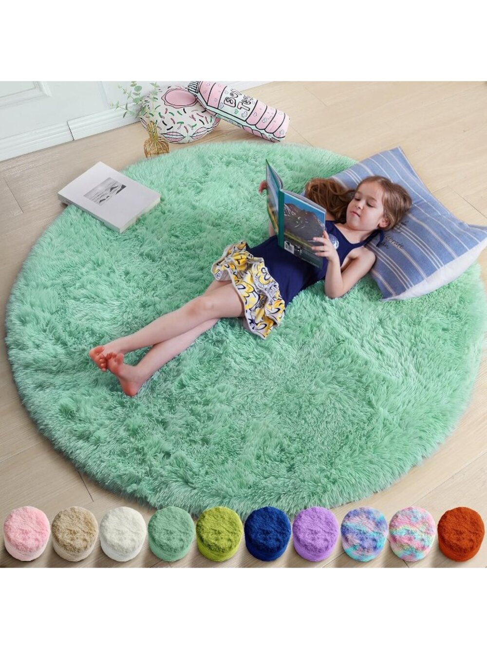 〽️Sage Green Fuzzy Round Rug 4Ft Bedroom Classroom Nursery Fluffy Shag Carpet